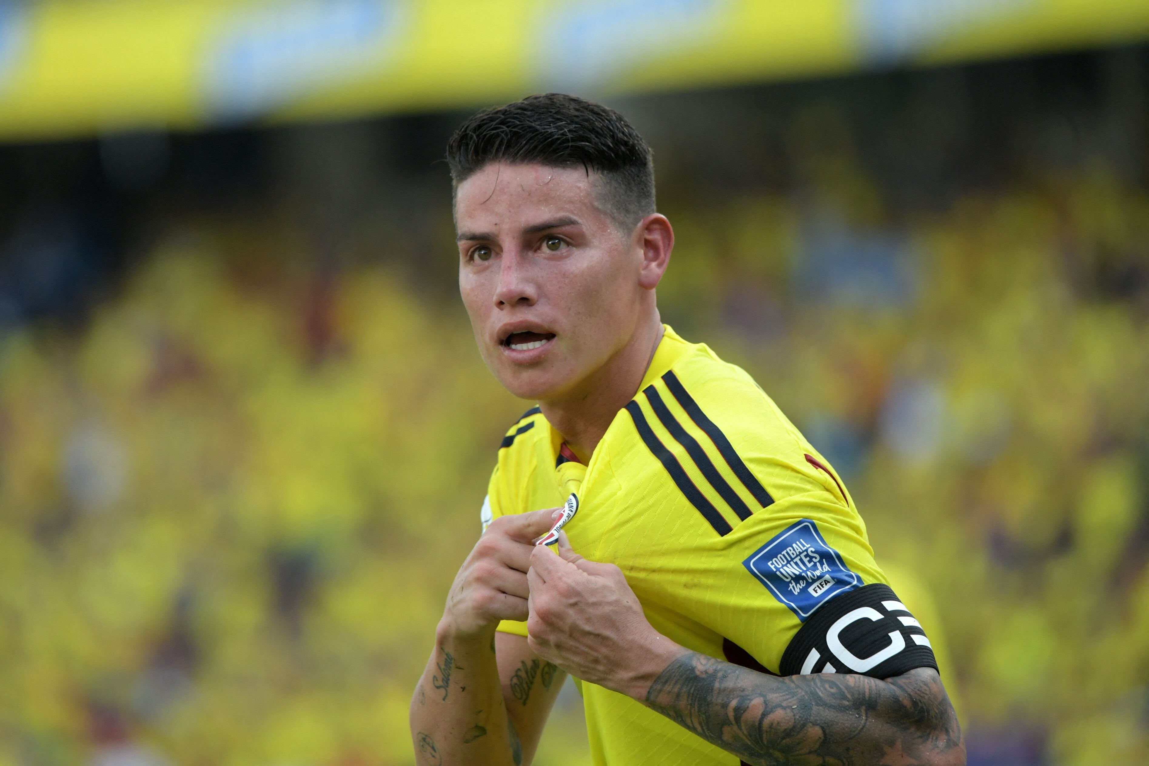 Colombia's midfielder James Rodriguez celebrates after scoring during the 2026 FIFA World Cup South American qualification football match between Colombia and Uruguay at the Roberto Melendez Metropolitan Stadium in Barranquilla, Colombia, on October 12, 2023. (Photo by Raul ARBOLEDA / AFP) (Photo by RAUL ARBOLEDA/AFP via Getty Images)