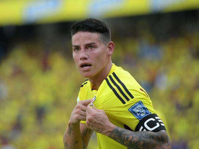 Colombia's midfielder James Rodriguez celebrates after scoring during the 2026 FIFA World Cup South American qualification football match between Colombia and Uruguay at the Roberto Melendez Metropolitan Stadium in Barranquilla, Colombia, on October 12, 2023. (Photo by Raul ARBOLEDA / AFP) (Photo by RAUL ARBOLEDA/AFP via Getty Images)