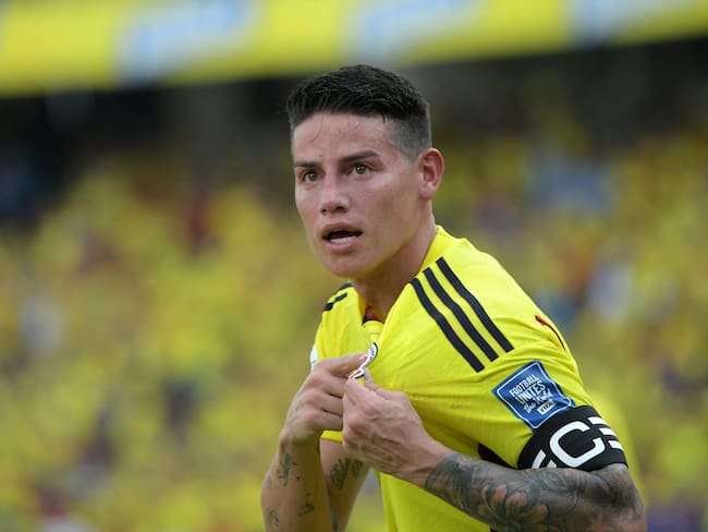 Colombia&#039;s midfielder James Rodriguez celebrates after scoring during the 2026 FIFA World Cup South American qualification football match between Colombia and Uruguay at the Roberto Melendez Metropolitan Stadium in Barranquilla, Colombia, on October 12, 2023. (Photo by Raul ARBOLEDA / AFP) (Photo by RAUL ARBOLEDA/AFP via Getty Images)