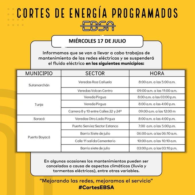 Cortes de energía programados por EBSA para el miércoles 17 de Julio