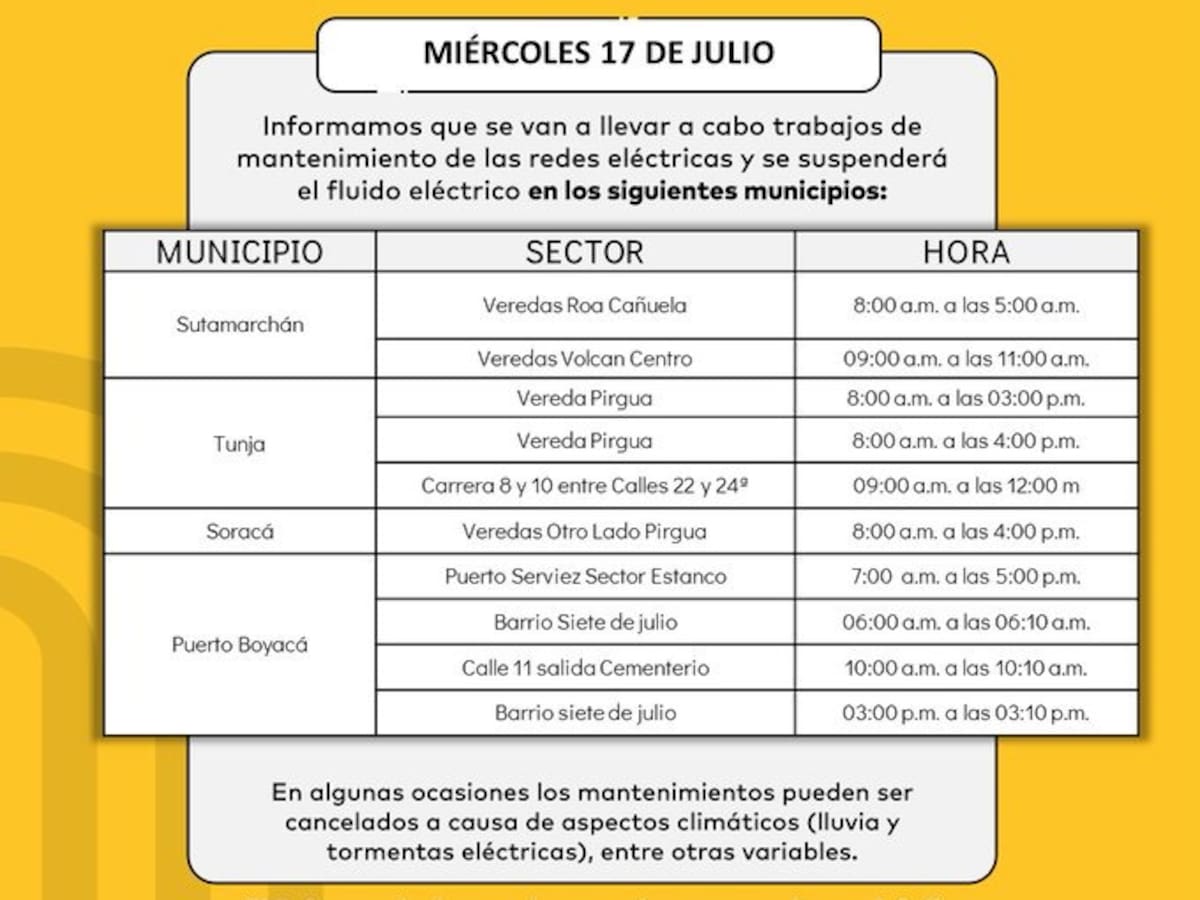 Cortes de energía programados por EBSA para el miércoles 17 de Julio