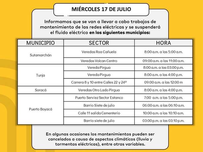 Cortes de energía programados por EBSA para el miércoles 17 de Julio
