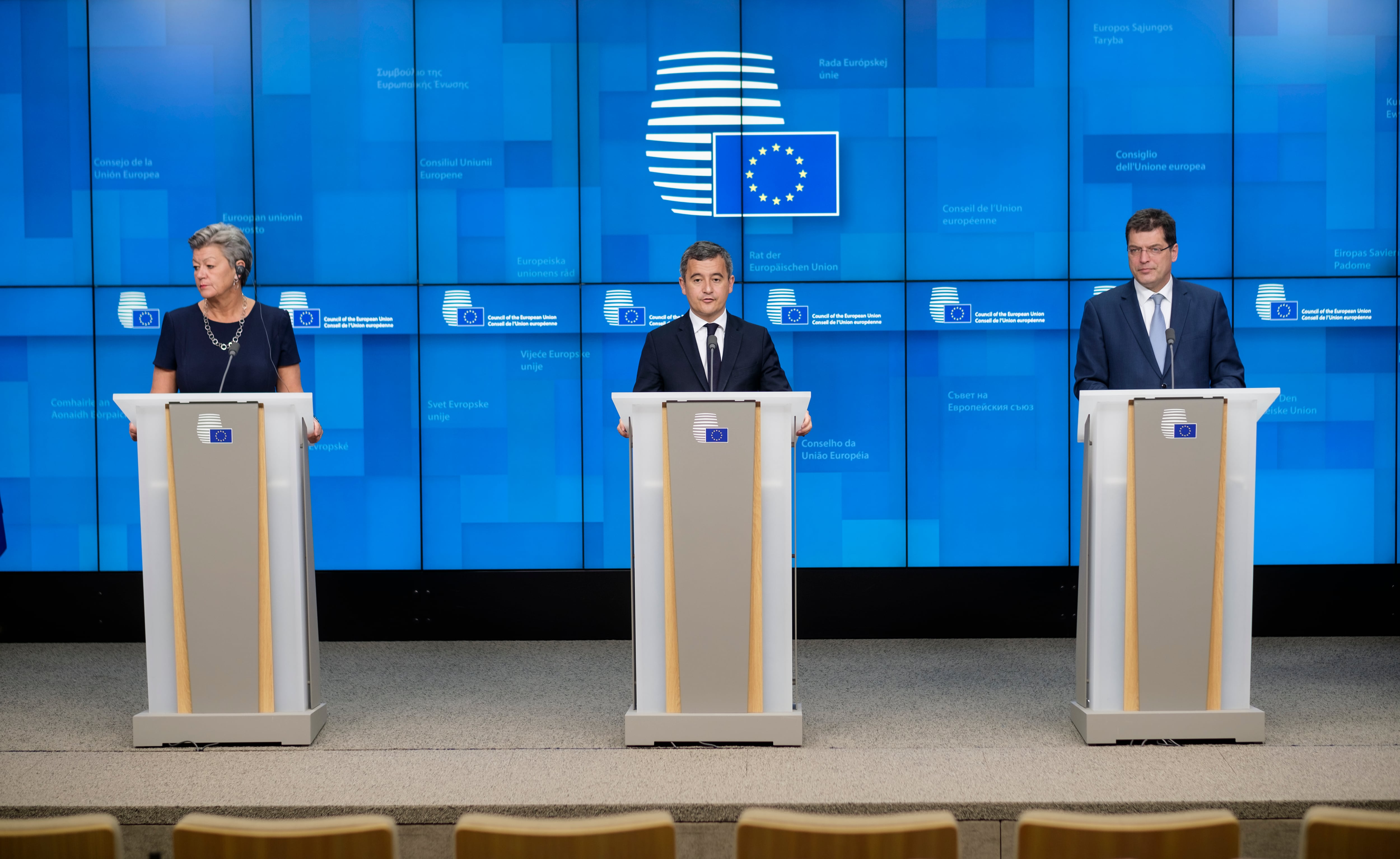 BRUSSELS, BELGIUM - FEBRUARY 27: EU Commissioner for home affairs Ylva Johansson (L) the French Minister of the Interior, President of the Council Gerald Darmanin (C) and the EU Commissioner for Crisis Management Janez Lenarcic (R) are talking to media at the end of an extraordinary EU home affairs Ministers meeting in the Europa, the EU Council headquarter on February 27, 2022 in Brussels, Belgium. Ministers will talk about the European response to the situation in Ukraine actions to be taken: like humanitarian support, actions in the area of reception and solidarity, management of external borders and security challenges, visa measures, anticipation of hybrid threats. (Photo by Thierry Monasse/Getty Images)