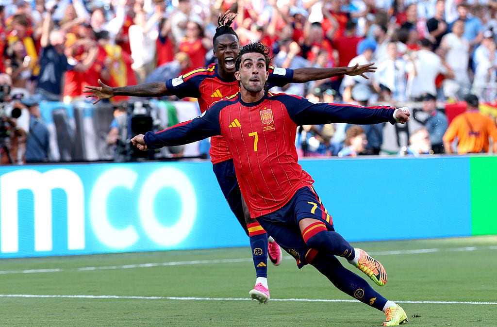 EAST RUTHERFORD, NEW JERSEY - JULY 19: Ferran Torres #7 of Spain celebrates scoring his team's first goal during the FIFA World Cup 2026 Final match between Spain and Argentina at New York New Jersey Stadium on July 19, 2026 in East Rutherford, New Jersey. (Photo by Michael Regan - FIFA/FIFA via Getty Images)