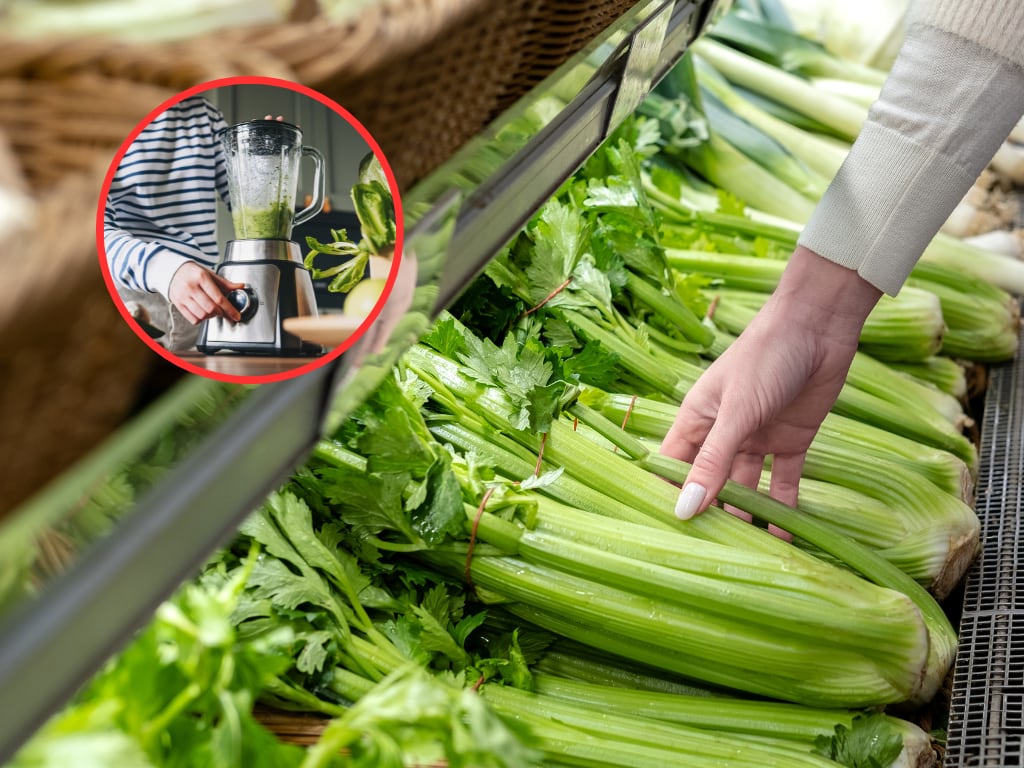 Persona escogiendo un atado de apio y de fondo haciendo una preparación en licuadora (Fotos vía Getty Images)