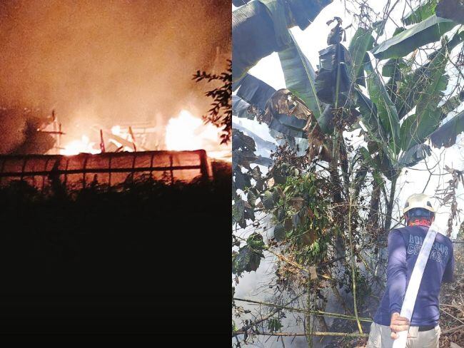 Casa incinerada en Pensilvania (izquierda) y un incendio forestal en Neira (derecha). Fotos: cuerpos de bomberos de Pensilvania y Neira, en Caldas.