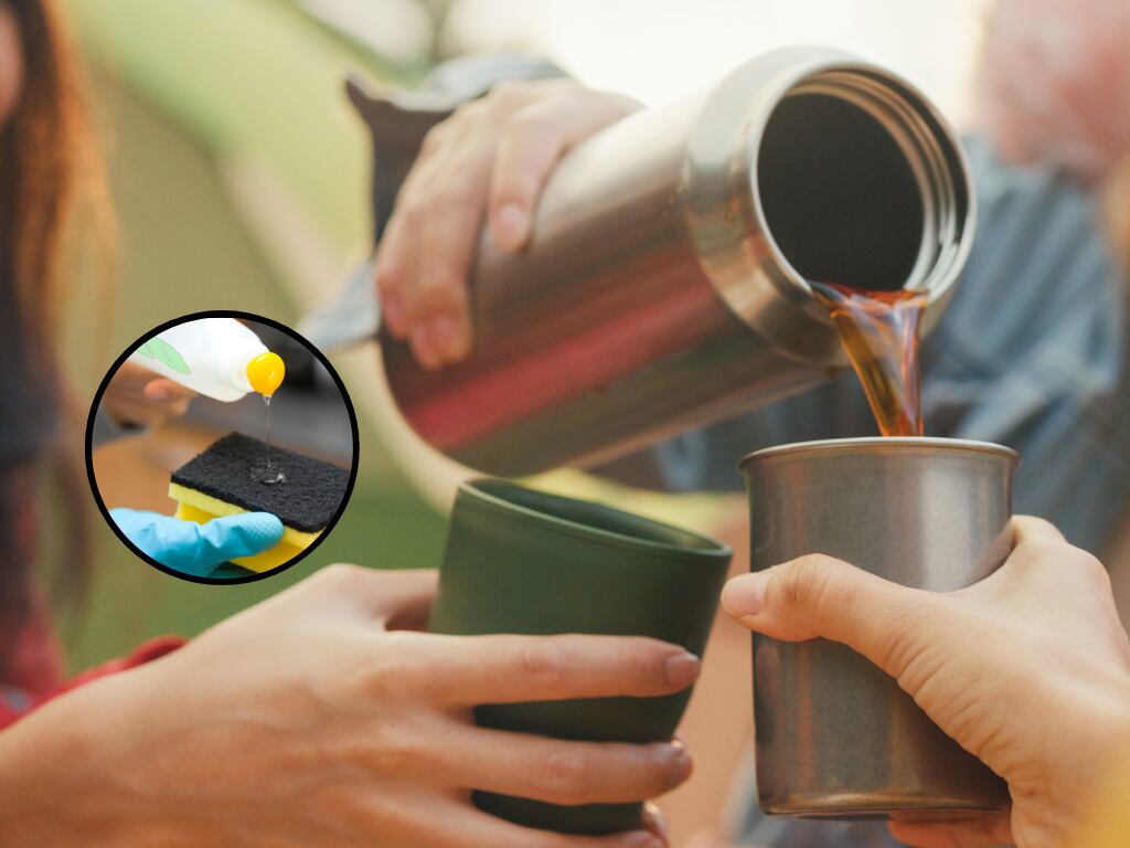 Personas sirviendo café desde un termo y de fonfo una persona poniendo jabón en una esponja para lavar loza (Fotos vía Gett Images)