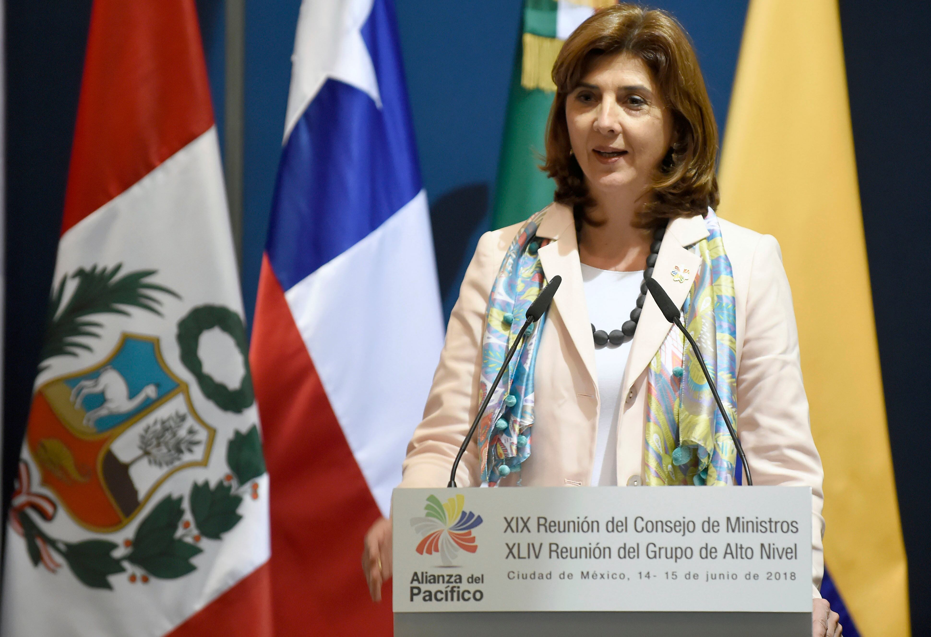 Colombian Foreign Affairs Minister Maria Angela Holguin, offers a press conference during the Pacific Alliance Council of Ministers meeting in Mexico City on June 15, 2018. (Photo by ALFREDO ESTRELLA / AFP)        (Photo credit should read ALFREDO ESTRELLA/AFP via Getty Images)