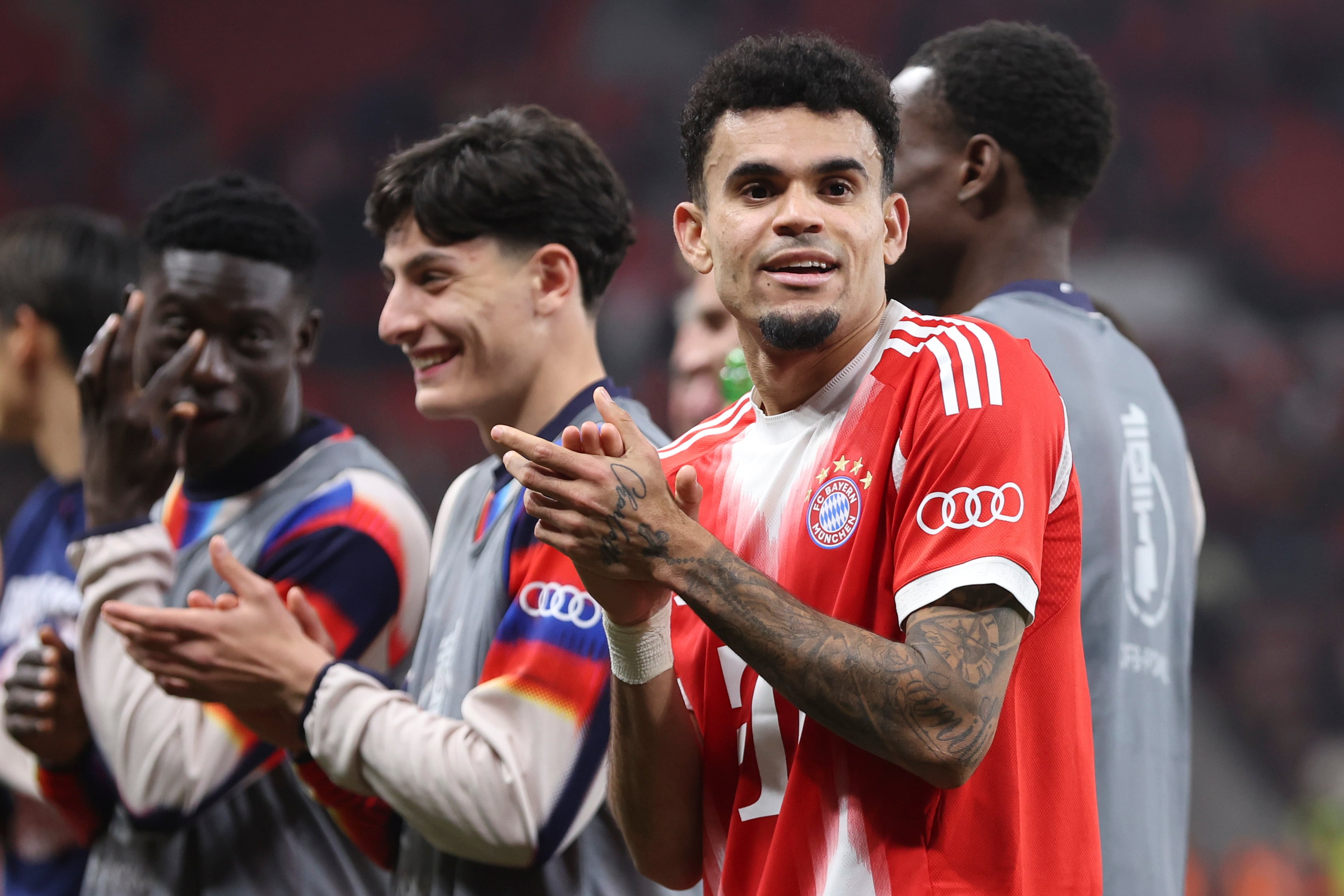 Leverkusen, Germany - April 22: Luis Diaz of FC Bayern Muenchen celebrate after winning the DFB Cup semifinal match between Bayer 04 Leverkusen and FC Bayern München at BayArena on April 22, 2026 in Leverkusen, Germany. (Photo by Oliver Kaelke/DeFodi Images/DeFodi via Getty Images)