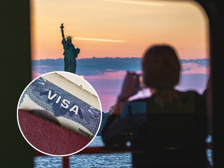 Turista tomando fotos a la Estatua de la Libertad / Pasaporte con la visa de Estados Unidos (Getty Images)