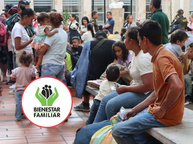 Desplazados del Catatumbo y al lado el logo del ICBF (Fotos vía EFE/ Mario Caicedo y COLPRENSA)
