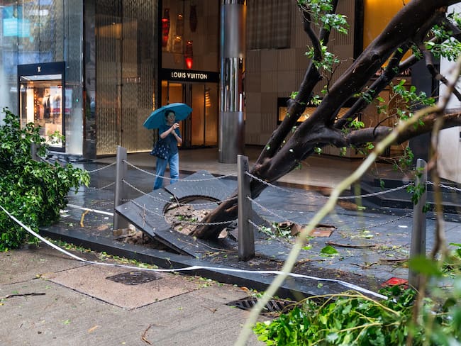 Hong Kong (China), 02/09/2023.- A woman takes a photo of trees brought down by Typhoon Saola on a road in Central, Hong Kong, China, 02 September 2023. The No. 10 typhoon warning, for the first time since 2018, was raised on the night of 01 September as Typhoon Saola swept past Hong Kong. EFE/EPA/Bertha WANG

