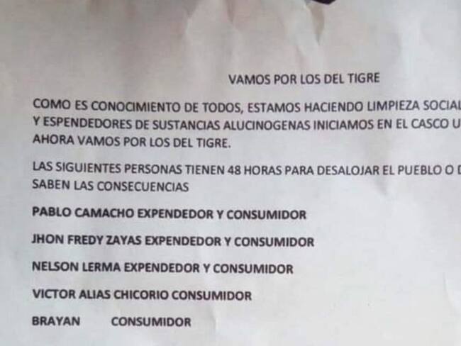 Investigan un panfleto que amenaza a 5 personas en Yondó, Antioquia