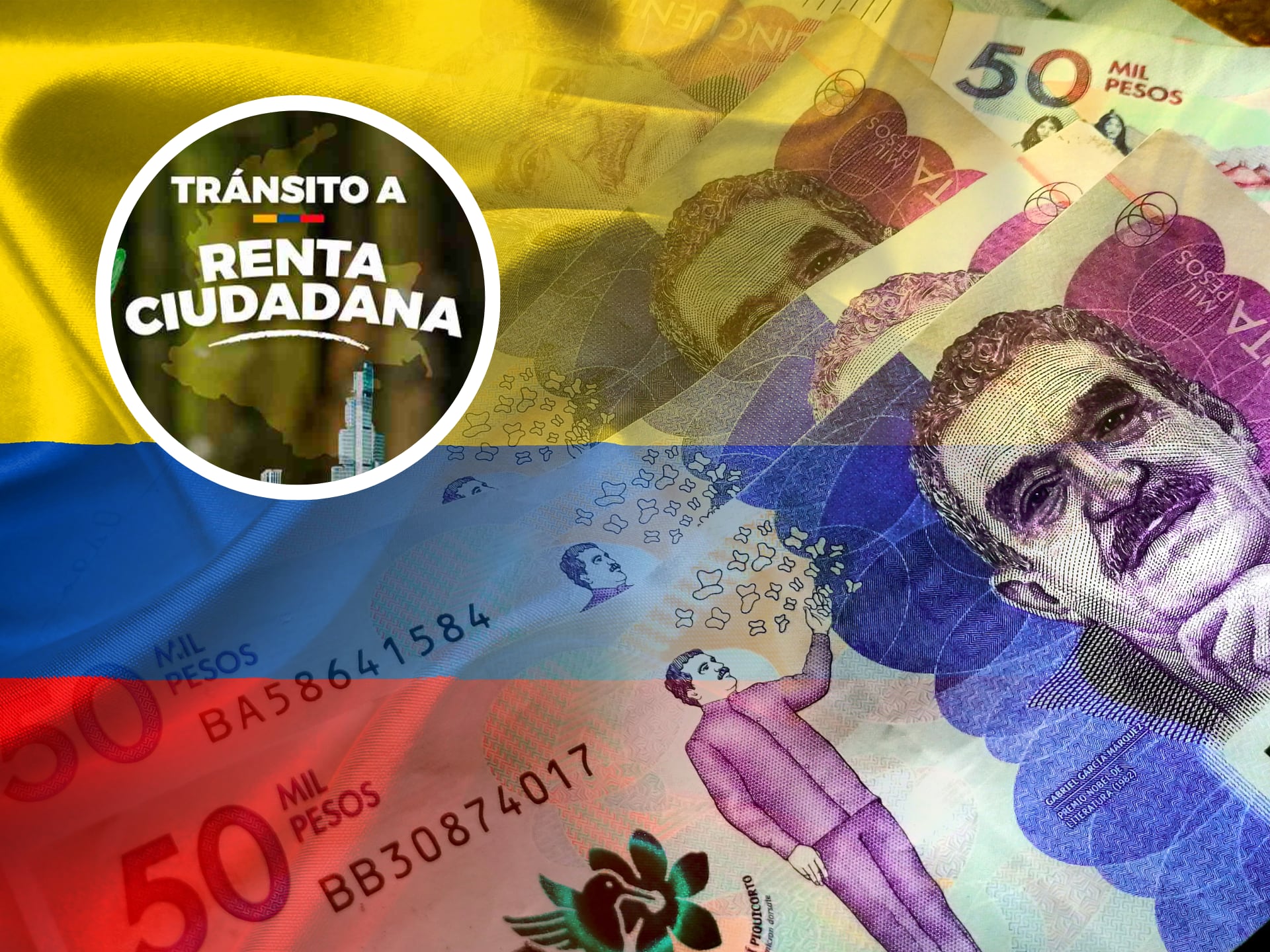 Dinero colombiano. En el círculo, logo de Renta Ciudadana (GettyImages / Redes sociales)