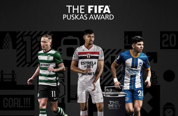 Foto oficial de los tres nóminados al premio Puskas 2032 // captura de pantalla - FIFA