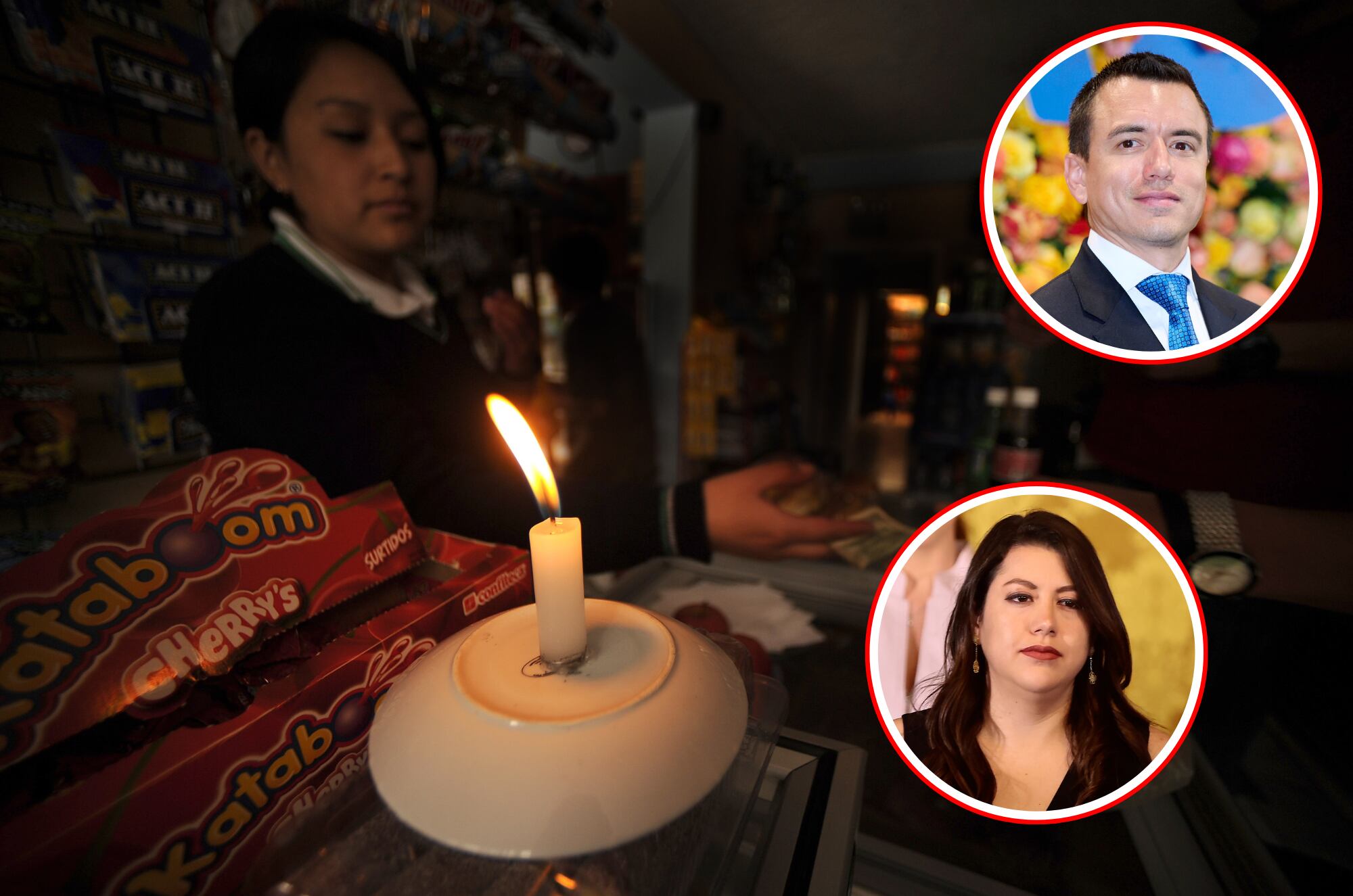Tendera trabajando en medio de un apagón en Guayaquil (Ecuador). En el círculo superior el presidente ecuatoriano, Daniel Noboa, y en el círculo inferior la exministra de Energía ecuatoriana, Andrea Arrobo. 
(Foto: Getty / Caracol Radio)