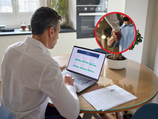 De fondo: Persona usando una computadora portátil para buscar vacantes de empleo. Arriba a la derecha hay una imagen de referencia de un apretón de manos, simbolizando una contratación exitosa (Crédito: Getty Images)