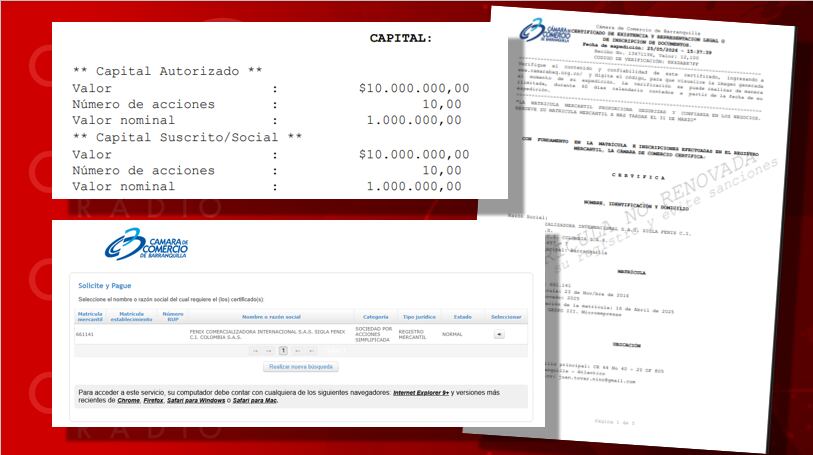 El registro de Cámara de Comercio de la empresa Fénix Comercializadora Internacional (Fénix C. I.)