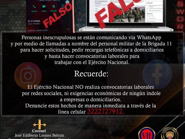 Alertan por estafas a nombre de la Brigada 11 del Ejército en Sucre y Córdoba