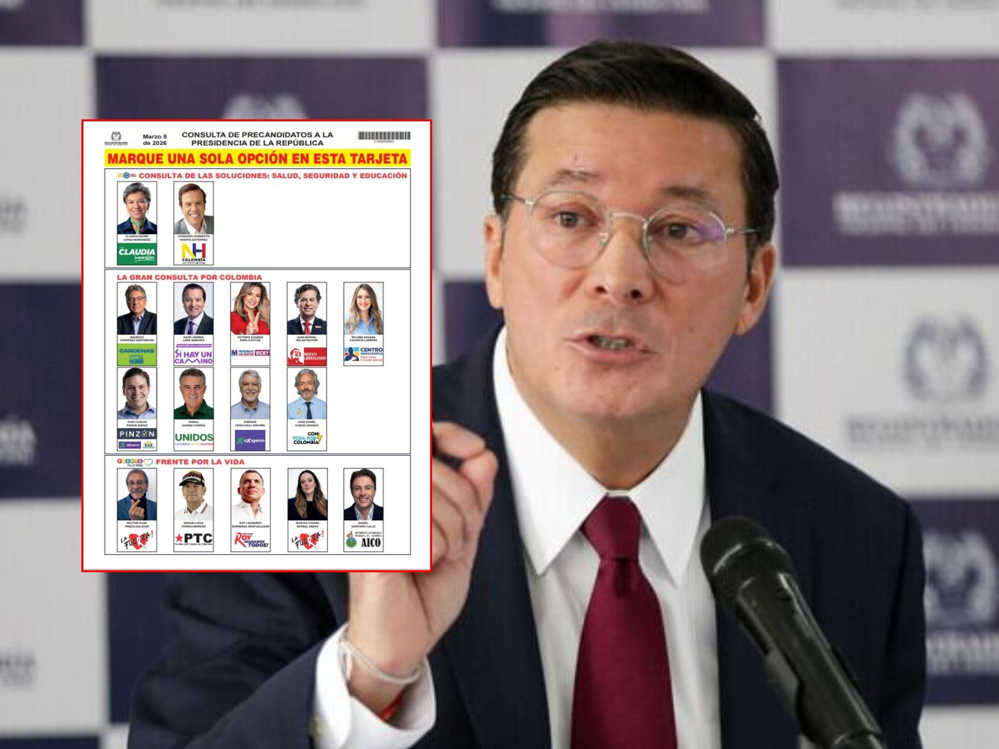 Hernán Penagos y tarjetón de candidatos presidenciales. Fotos: (Colprensa - Catalina Olaya)