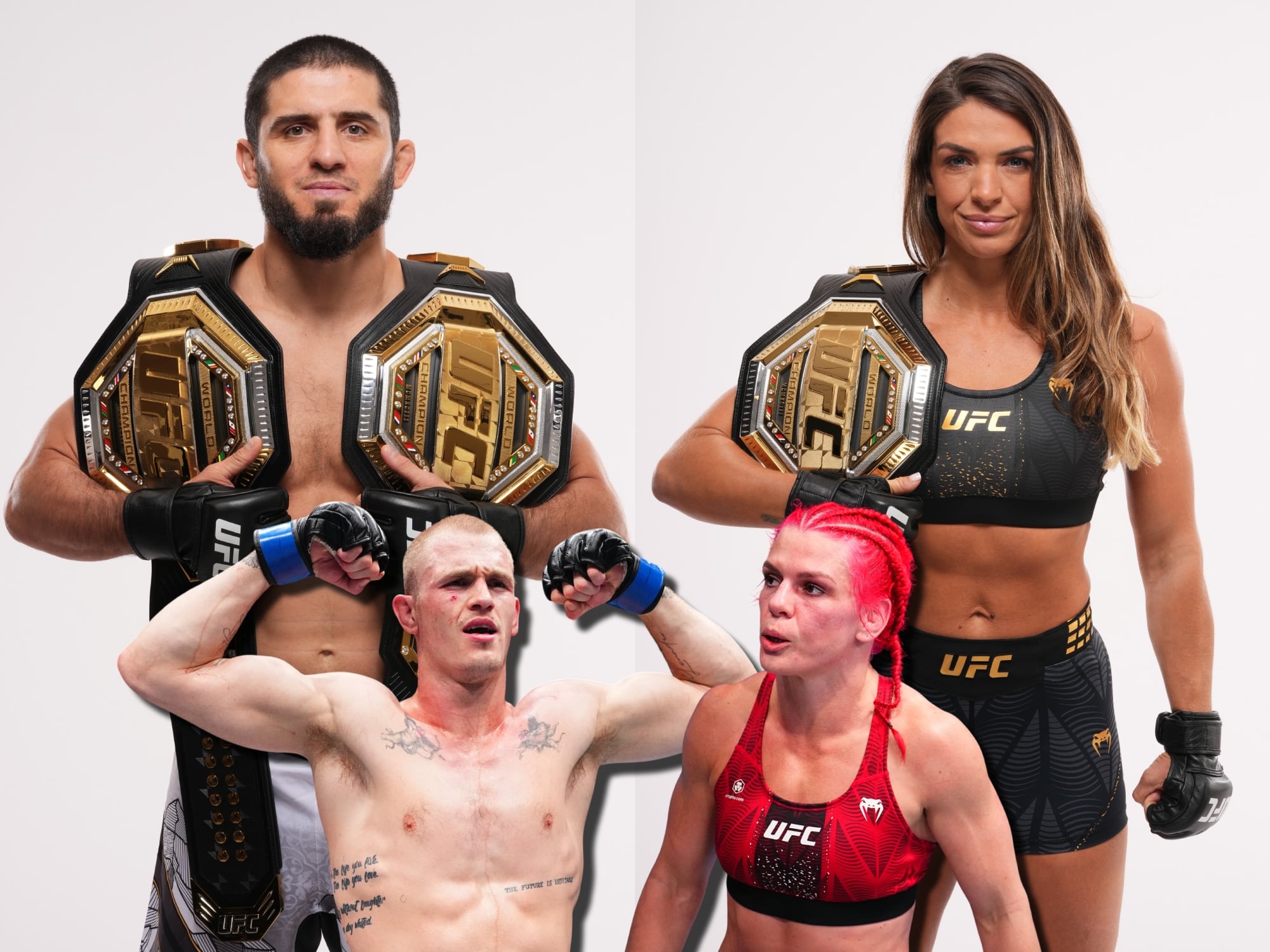 Arriba, los campeones de la UFC Islam Makhachev (izquierda) y Mackenzie Dern (derecha). Abajo, Ian Machado Garry (izquierda) y Gillian Robertson (derecha). Fotos: Getty Images.