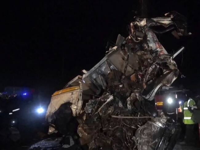 This video grab taken from an AFPTV video on June 30, 2023 shows the wreckage of a vehicle on the scene after an accident on the highway between the towns of Kericho and Nakuru. At least 48 people were killed when a truck apparently lost control and ploughed into other vehicles and pedestrians at a busy junction in western Kenya on June 30, 2023. (Photo by AFPTV / AFP) (Photo by -/AFPTV/AFP via Getty Images)