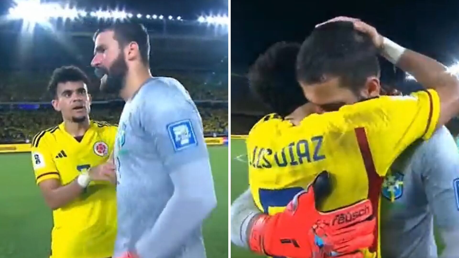Alisson Becker y Luis Díaz, Colombia vs Brasil