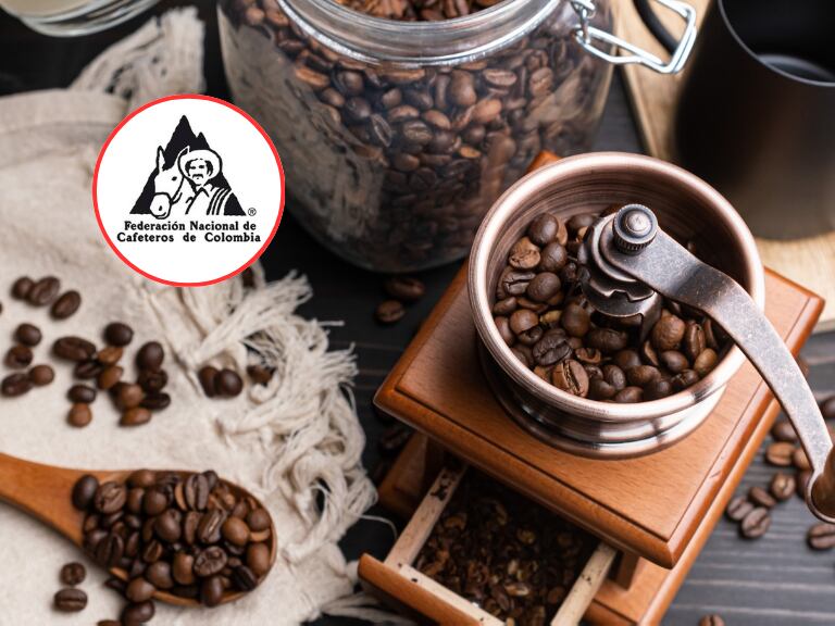 Varios procesos del café en granos y al lado el logo de la Federación Nacional de Cafeteros (Fotos vía Getty Images y redes sociales de la FNC)