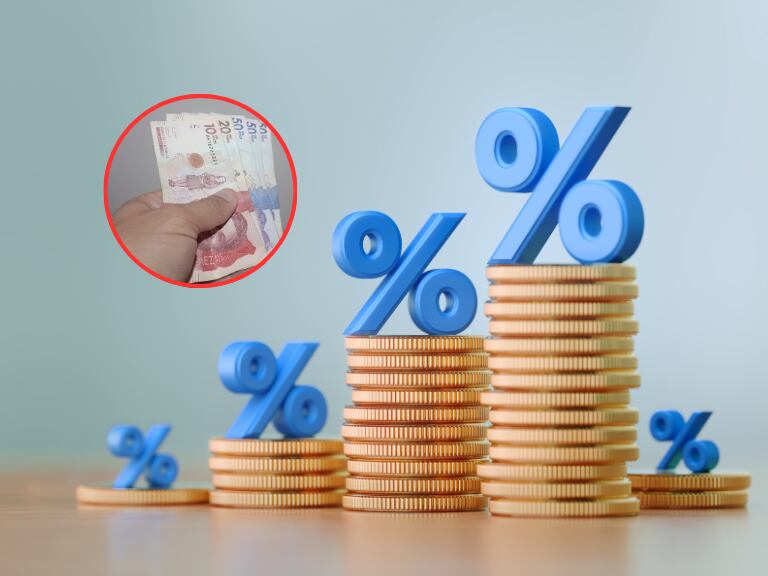 Dinero colombiano y al fondo monedas creciendo progresivamente (Fotos vía Getty Images)