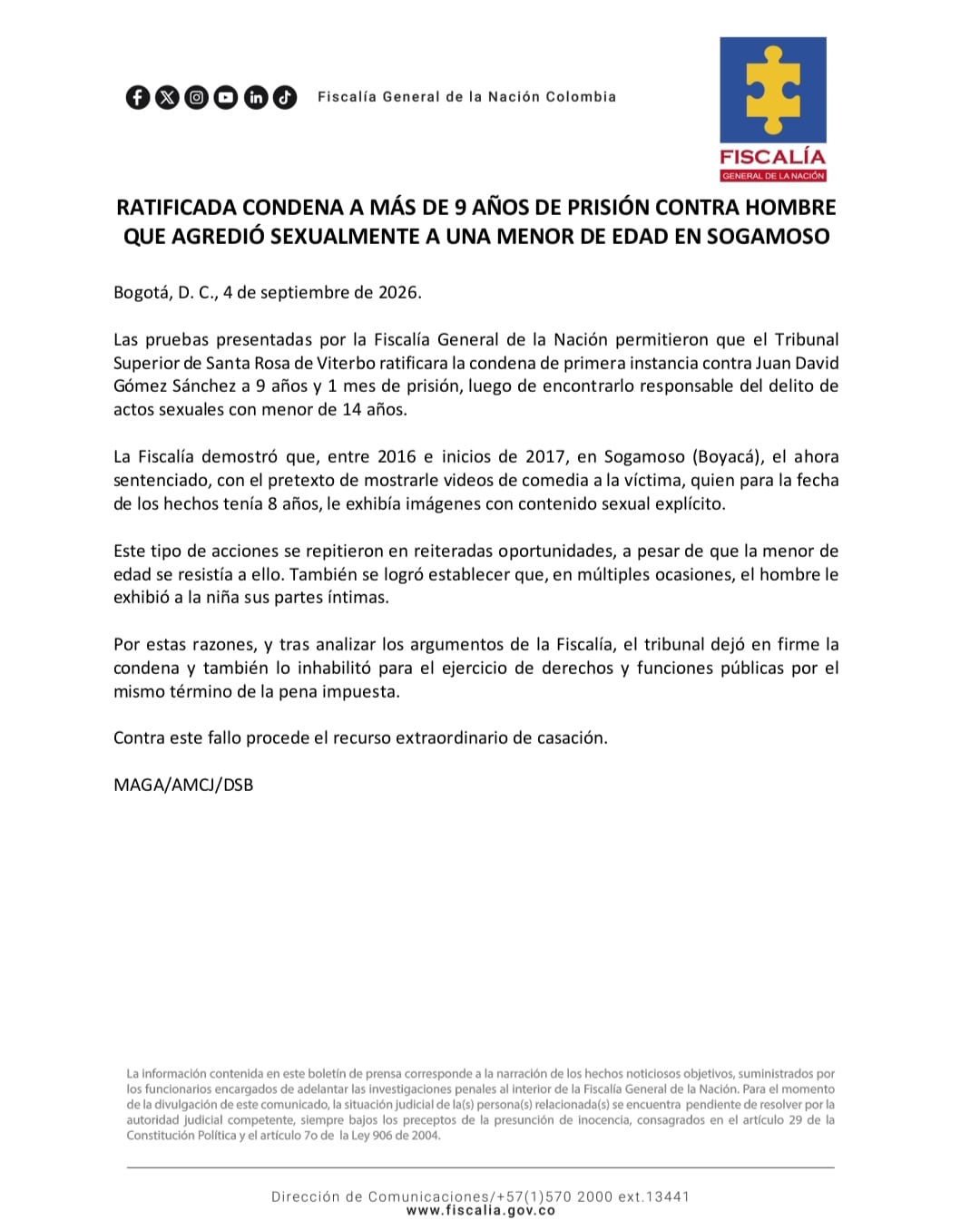 Comunicado de la Fiscalía General de la Nación.