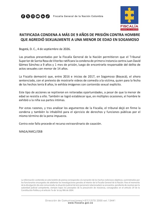 Comunicado de la Fiscalía General de la Nación.