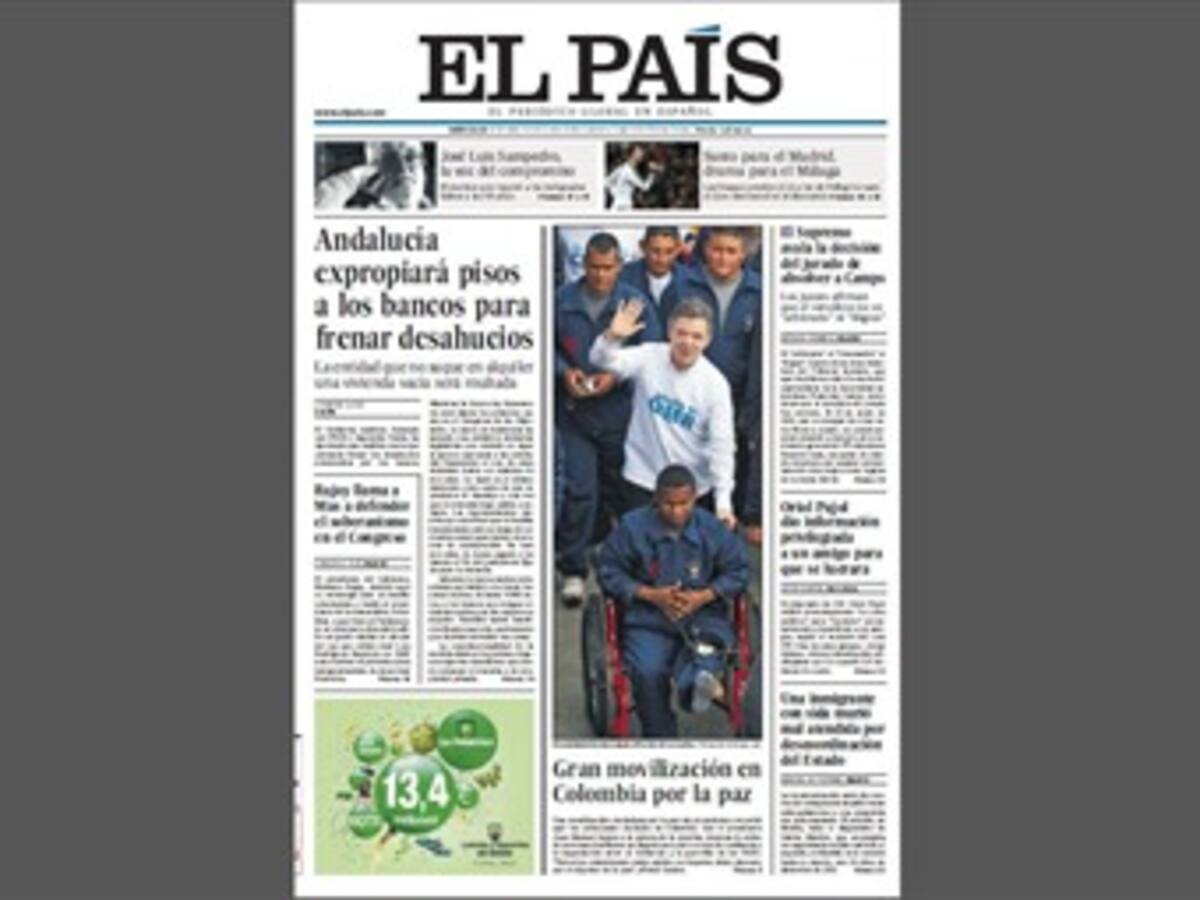Marcha por la paz en Colombia, portada de edición impresa de El País de España