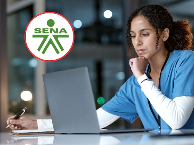 Persona del campo de las ciencias de la salud estudiando y de fondo el logo del SENA (Fotos vía COLPRENSA)