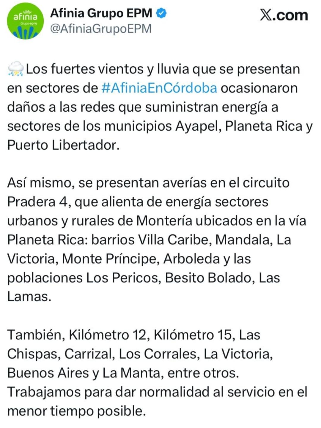 Pantallazo de la red social oficial de Afinia en X.