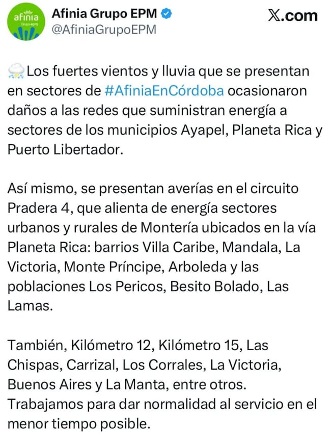 Pantallazo de la red social oficial de Afinia en X.