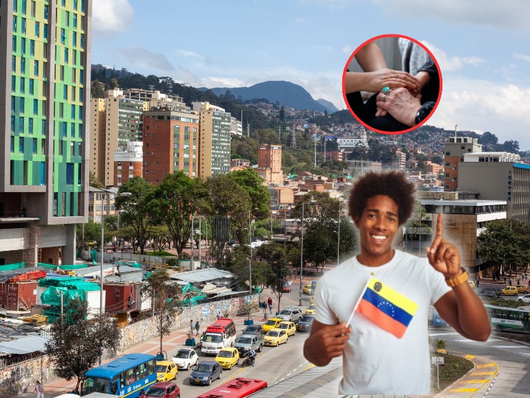 Vista panorámica de Bogotá y un hombre con la bandera de Venezuela (Fotos vía Getty Images)