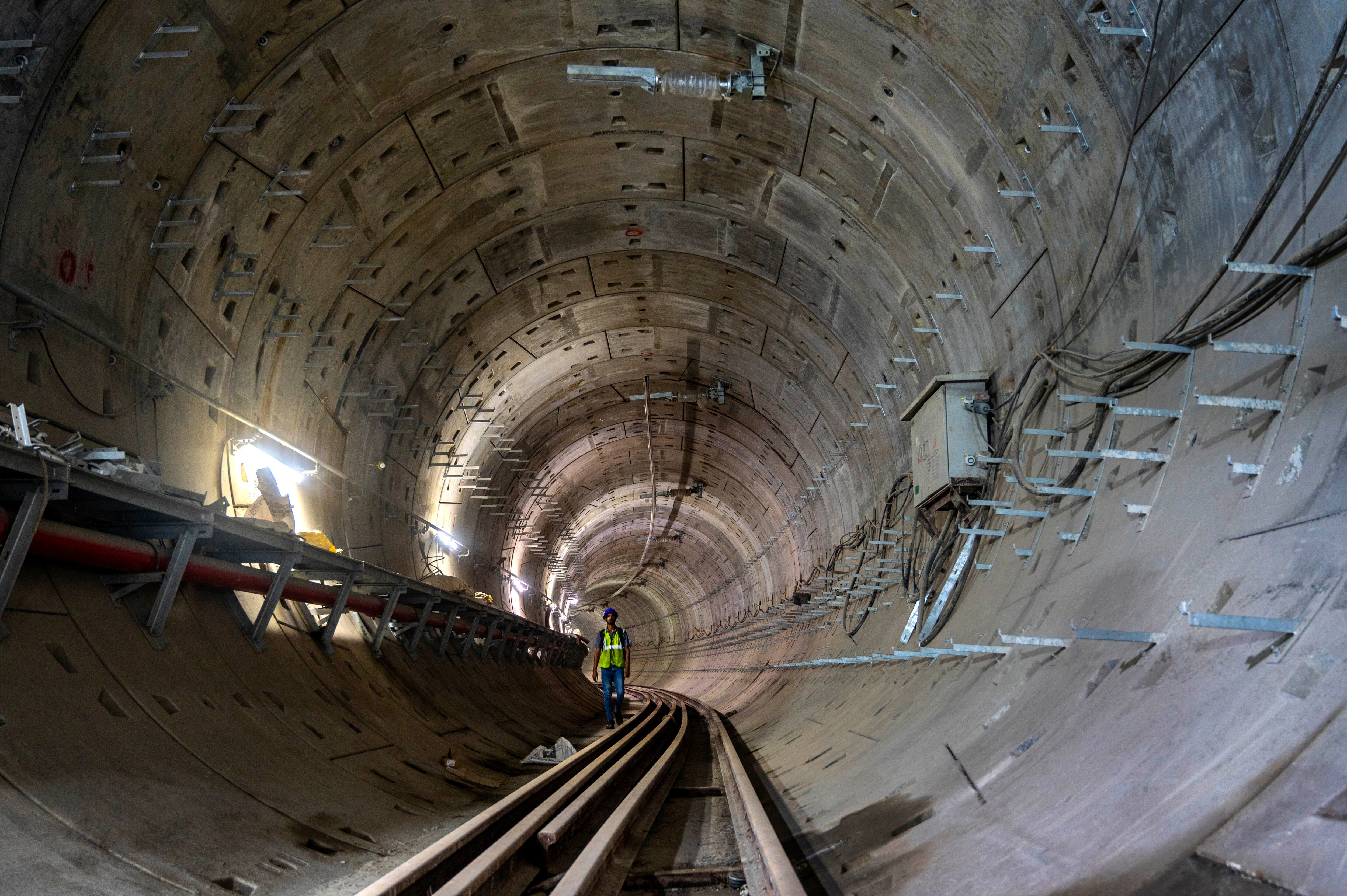 MUMBAI, INDIA - JULY 12: Construction of Hutatma Chowk Underground Metro station below Heritage and old buildings at DN Road on July 12, 2023 in Mumbai, India. Engineers built a Metro station below heritage and old buildings taking care of preservation of buildings. (Photo by Satish Bate/Hindustan Times via Getty Images)