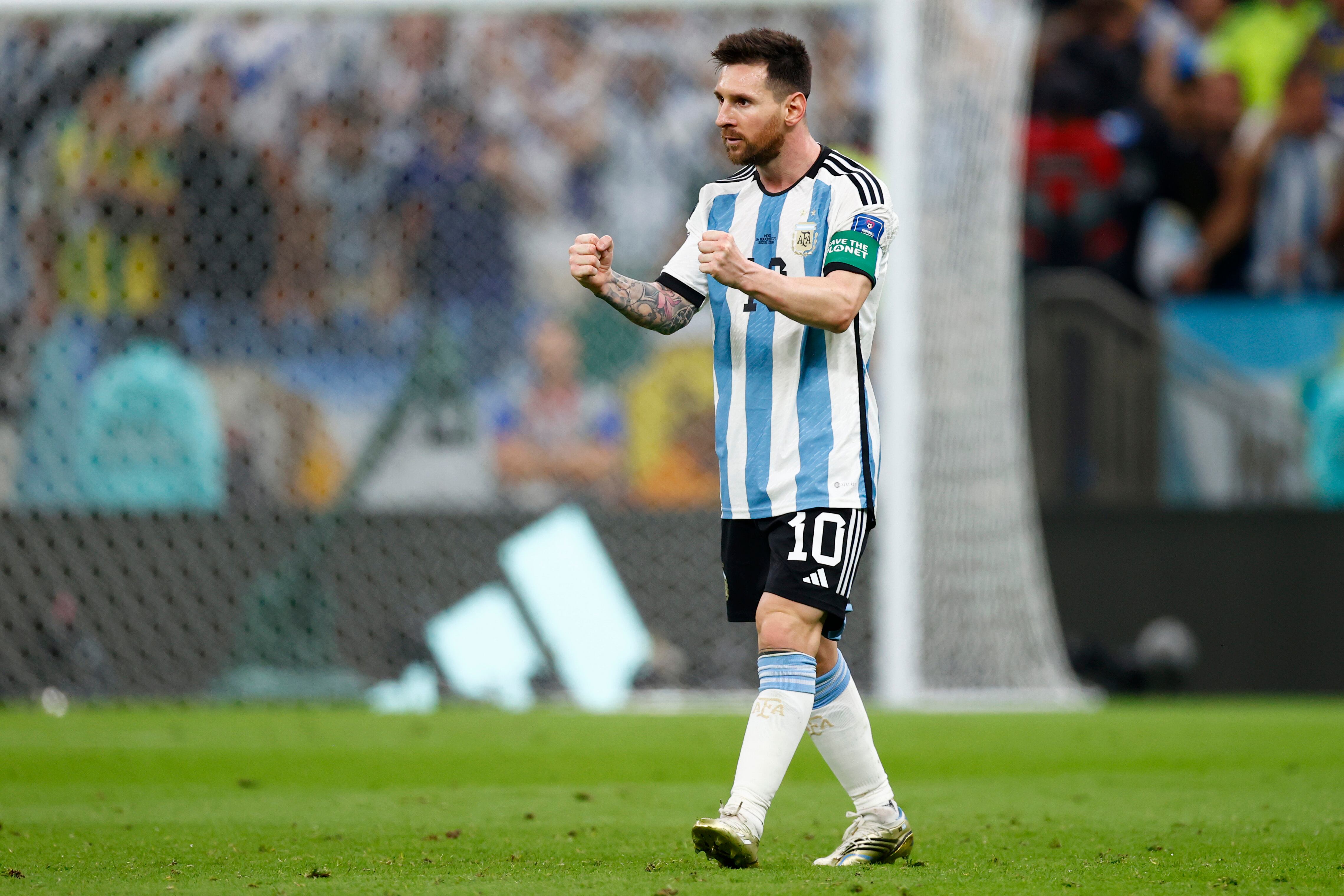LUSAIL CITY, QATAR - NOVEMBER 26: Lionel Messi #10 of Argentina celebrates after scoring a goal during the FIFA World Cup Qatar 2022 Group C match between Argentina and Mexico at Lusail Stadium on November 26, 2022 in Lusail City, Qatar. (Photo by Fu Tian/China News Service via Getty Images)