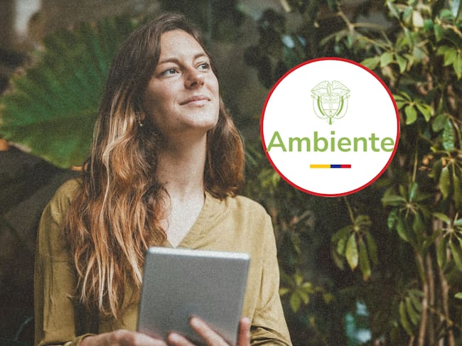 De fondo: Mujer sentada usando una tablet, alrededor de la naturaleza (Crédito: Getty Images). A la derecha se encuentra el logo del Ministerio de Ambiente y Desarrollo Sostenible de Colombia