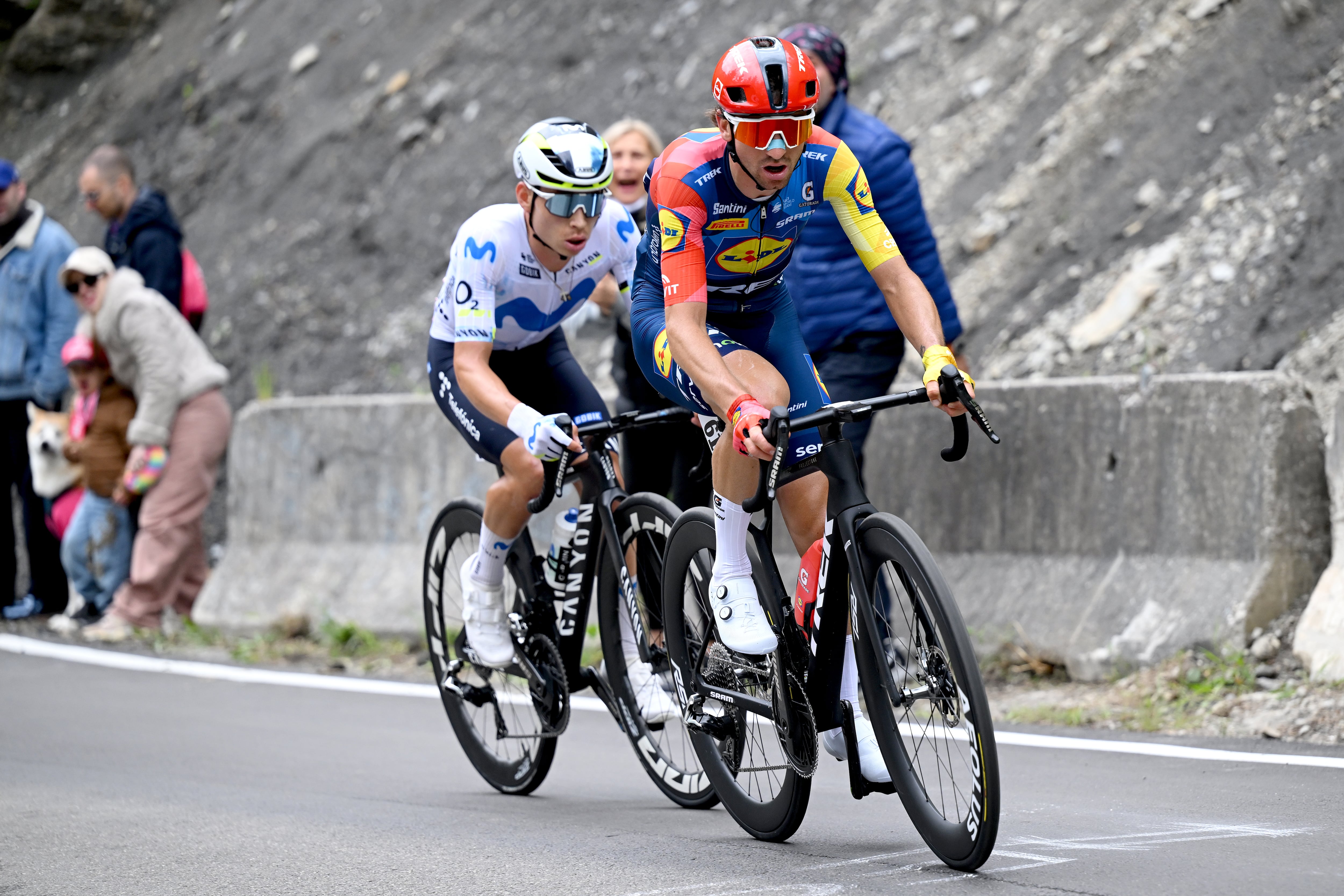 CORNO ALLE SCALE, ITALY - MAY 17: (L-R) Einer Rubio of Colombia and Team Movistar Giulio Ciccone of Italy and Team Lidl - Trek compete in the breakaway during the 109th Giro d'Italia 2026, Stage 9 a 184km stage from Cervia to Corno alle Scale 1469m / #UCIWT / on May 17, 2026 in Corno alle Scale, Italy. (Photo by Dario Belingheri/Getty Images)