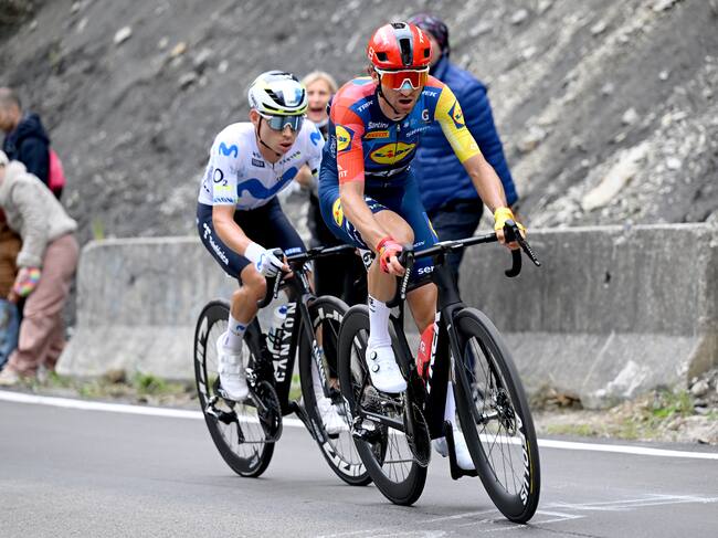 CORNO ALLE SCALE, ITALY - MAY 17: (L-R) Einer Rubio of Colombia and Team Movistar Giulio Ciccone of Italy and Team Lidl - Trek compete in the breakaway during the 109th Giro d'Italia 2026, Stage 9 a 184km stage from Cervia to Corno alle Scale 1469m / #UCIWT / on May 17, 2026 in Corno alle Scale, Italy. (Photo by Dario Belingheri/Getty Images)
