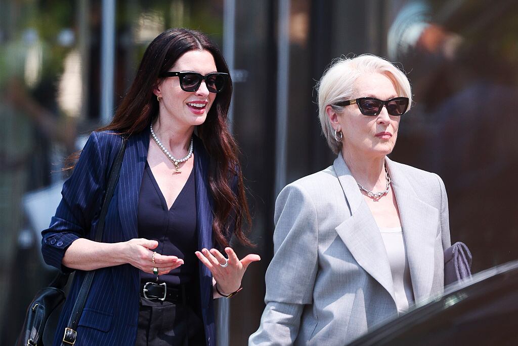 NEW YORK, NEW YORK - JULY 29: Meryl Streep and Anne Hathaway are seen on the set of "The Devil Wears Prada 2" in Hudson Yards on July 29, 2025 in New York City. (Photo by Aeon/GC Images)