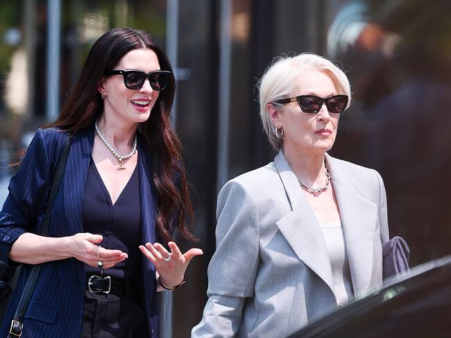 NEW YORK, NEW YORK - JULY 29: Meryl Streep and Anne Hathaway are seen on the set of "The Devil Wears Prada 2" in Hudson Yards on July 29, 2025 in New York City. (Photo by Aeon/GC Images)