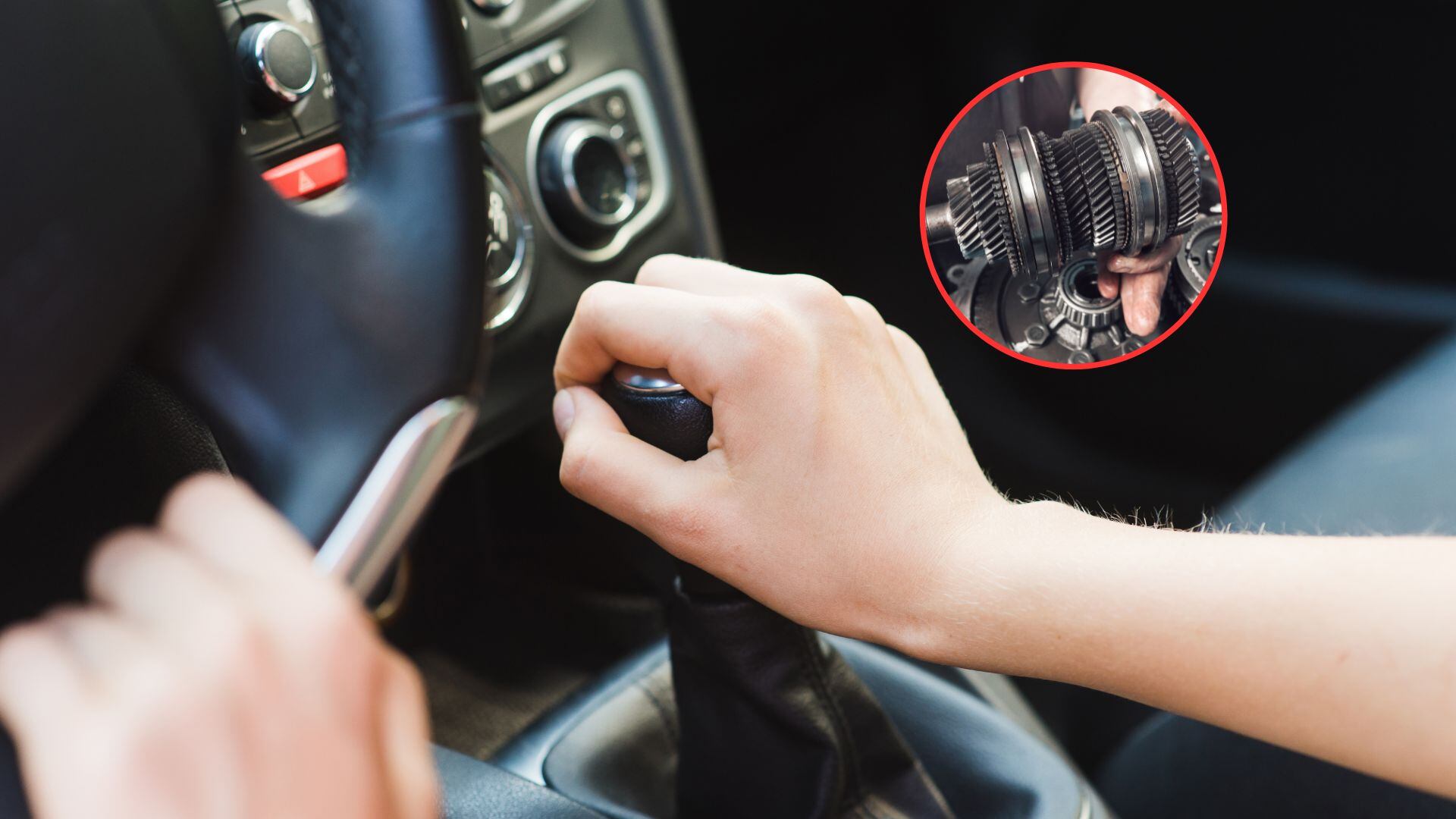 Conductor poniendo la su mano derecha sobre la palanca de cambios. En el círculo se ve la caja de cambios de transmisión / Fotos: GettyImages