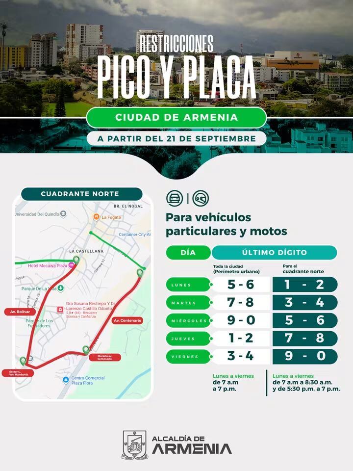Nuevo pico y placa en el norte de Armenia por horas. Foto: Cortesía Alcaldía de Armenia