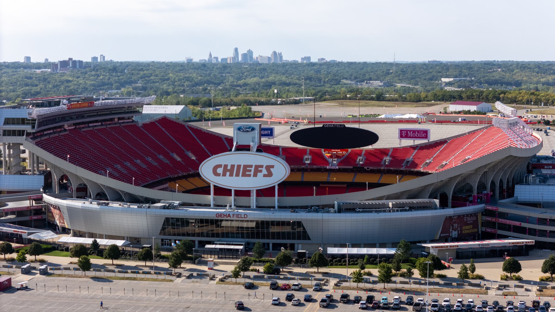 Daytime aerial drone shot of Chiefs GEHA Field at Arrowhead Stadium in Kansas City, MO.