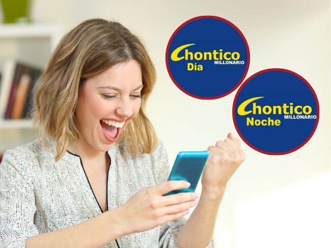 Mujer celebrando mirando a su celular // Getty Images // Logo del Chontico Día y Noche // Chontico