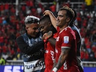 Jhon Murillo festeja su gol con América ante el Junior / Colprensa.