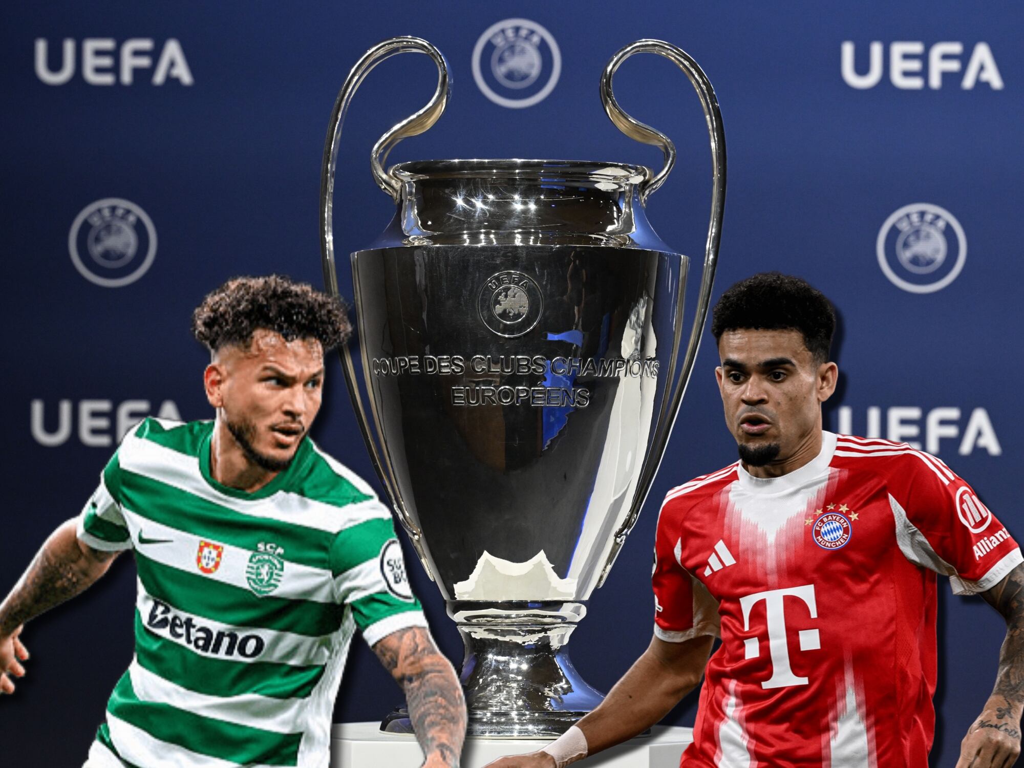 Luis Javier Suárez y Luis Díaz. De fondo, el trofeo de la Champions League. Fotos: Getty Images.