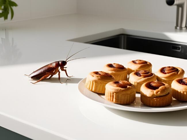 Cucaracha atraída por comida (Imagen generada por IA de Canva).